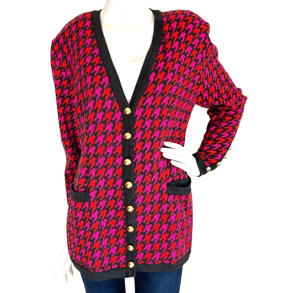 VTG 90s Dana Buchman Wool Houndstooth Cardigan L Pink Grandpa Core Sweater Coat
